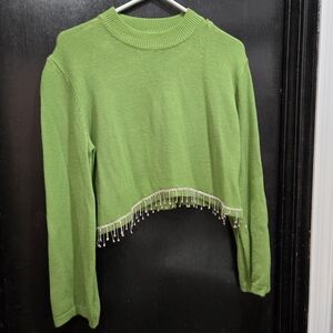 Green Beaded Hem Women's Crop Sweater